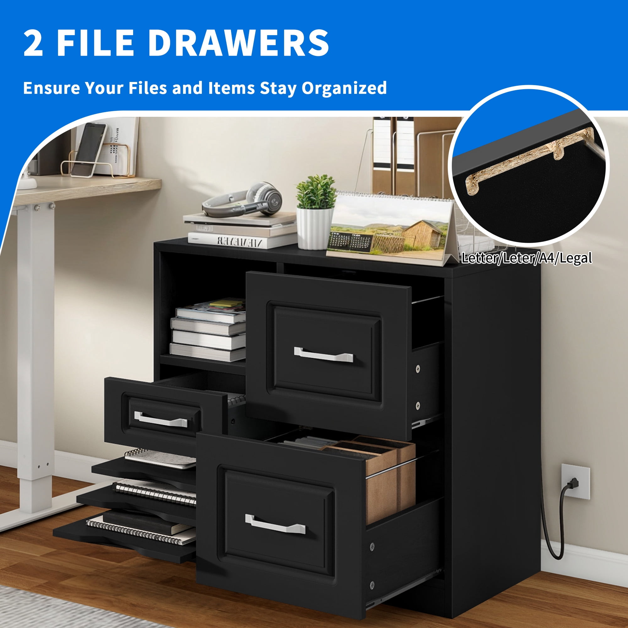 Uforic Wood File Cabinet with Charging Statio , 3 DrawerFiling Cabinet Fits for A4, Letter, Legal Size, Printer Stand with Storage Shelf for Home Office, Black