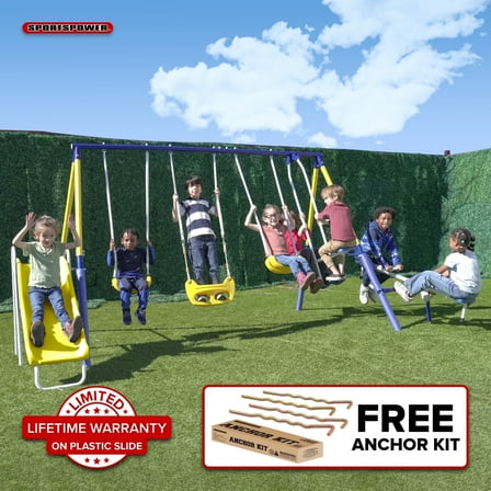 Sportspower Royal Fun Metal Swing Set for Kids Ages 3-8, Backyard Playground with 2 Swings, Standing Swing, Glider Swing, Teeter-Totter, 5-Foot Slide, Anchor Kit