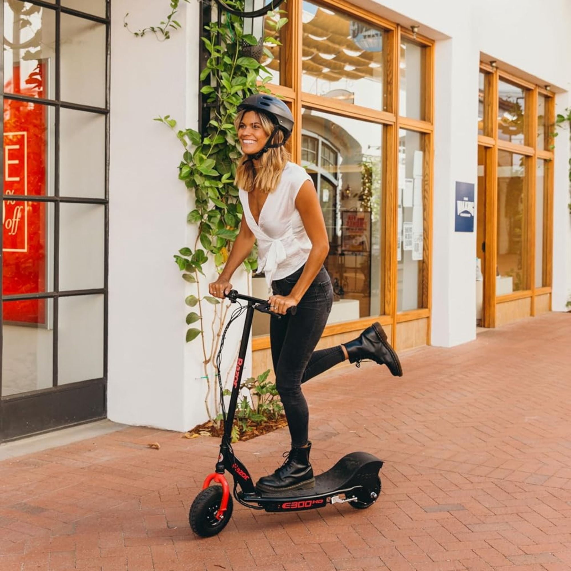 Razor E300 HD Electric Scooter for Teens & Adults with 9” Pneumatic Tires, Black/Red