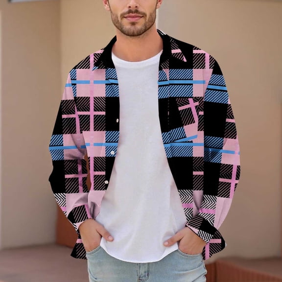 KeShDi Flannel Shirt for Men Men Casual Fashion Button Checkered Print Long Sleeve Turndown Elastic Blouse Shirt Hot Pink L