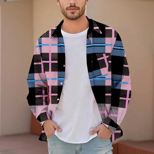 Blusa y camisa de manga larga con cuello vuelto para hombre, informal, a la moda, con botones, estampado a cuadros, blusa elástica de manga larga con cuello vuelto, blusa de poliéster para hombre
