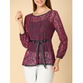 thumbnail image 2 of AllegK Blusas Tops Peplum De Encaje Semitransparente De ManLarCon CintuAnudaPaMujer PúrpuM, 2 of 6