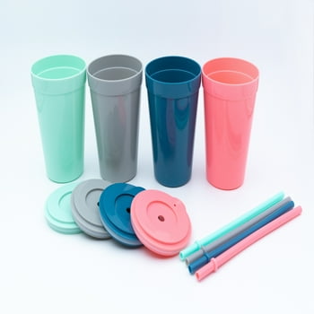 Your Zone Plastic 4-Pack 15 oz Regular Tumbler with lid & Straw: 4 Assorted Color