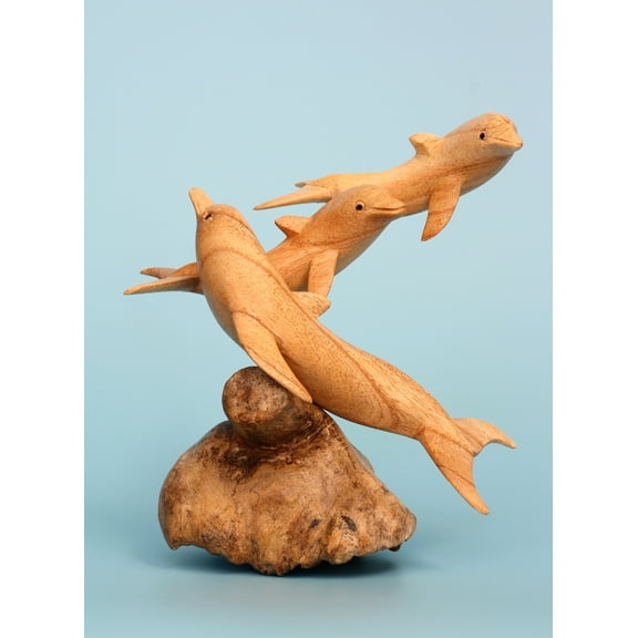 Wooden Hand Carved 3 Dolphins Statue Sculpture Wood Decorative Home Decor Accent Fish Figurine Handcrafted Handmade Tropical Nautical Ocean Coastal