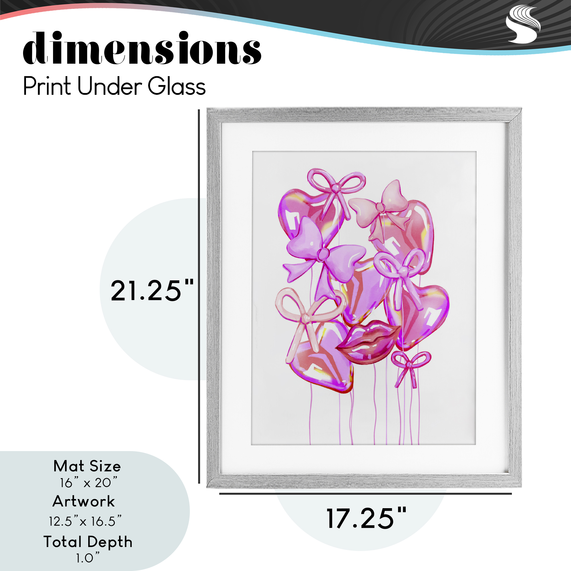 Pink Heart and Bow Balloons Gray Framed Print Under Glass, design by Ziwei Li