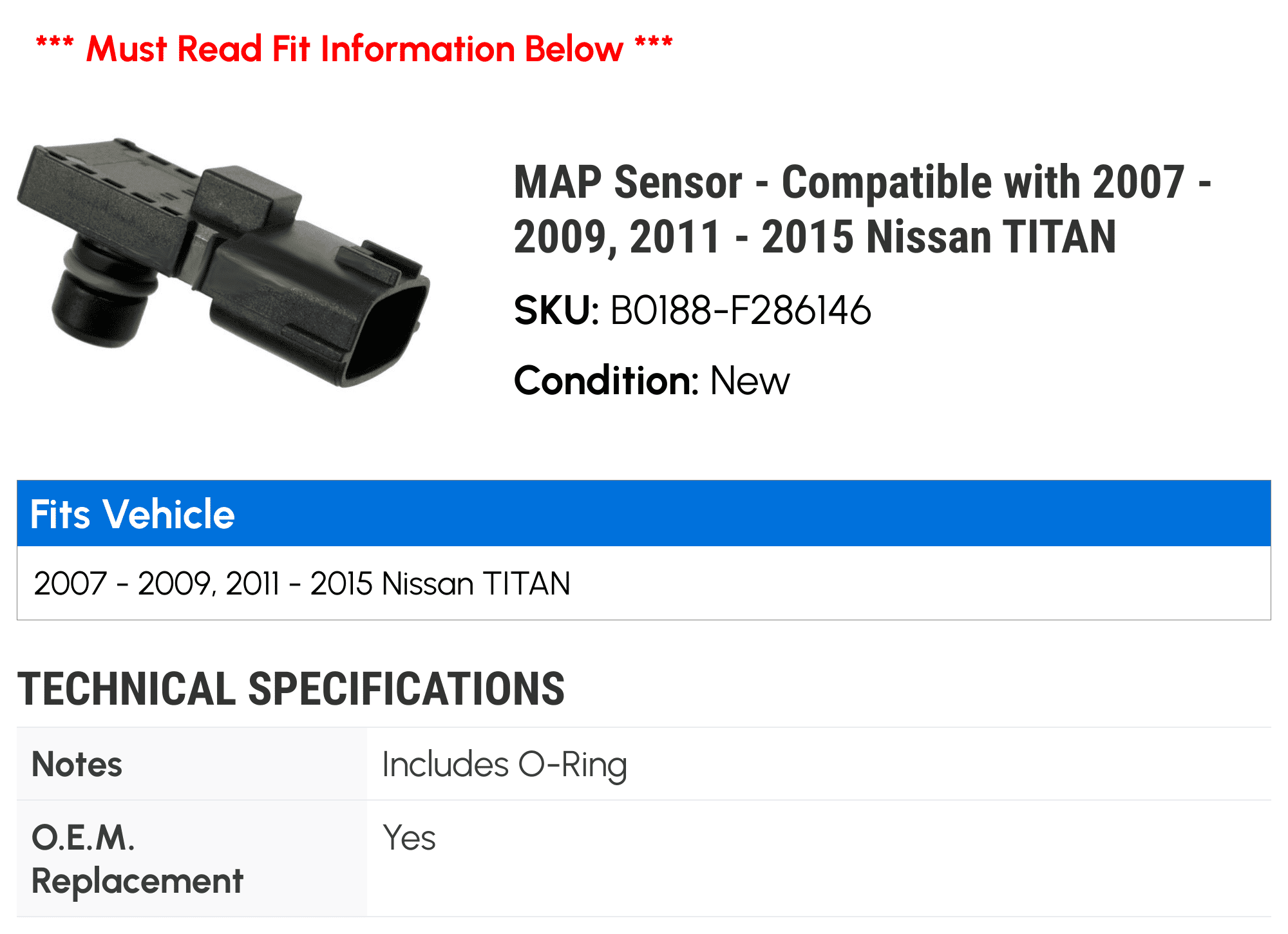 MAP Sensor - Compatible with 2007 - 2009, 2011 - 2015 Nissan TITAN 2008 2012 2013 2014
