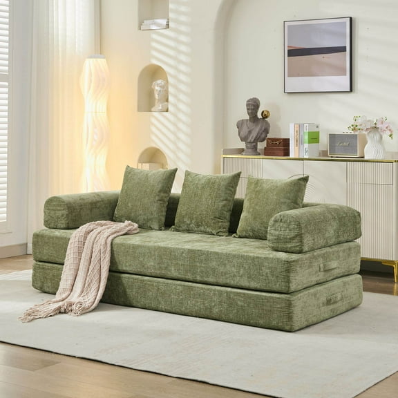 Sofa Beds Comfy Convertible Folding Mattress Couch, Floor Sofa Bed, Chenille Floor Sofa with Armrest, Floor Sofa Lounge Couch for Living Room Bedroom Lounge Studio-Green,Sleeper Sofa