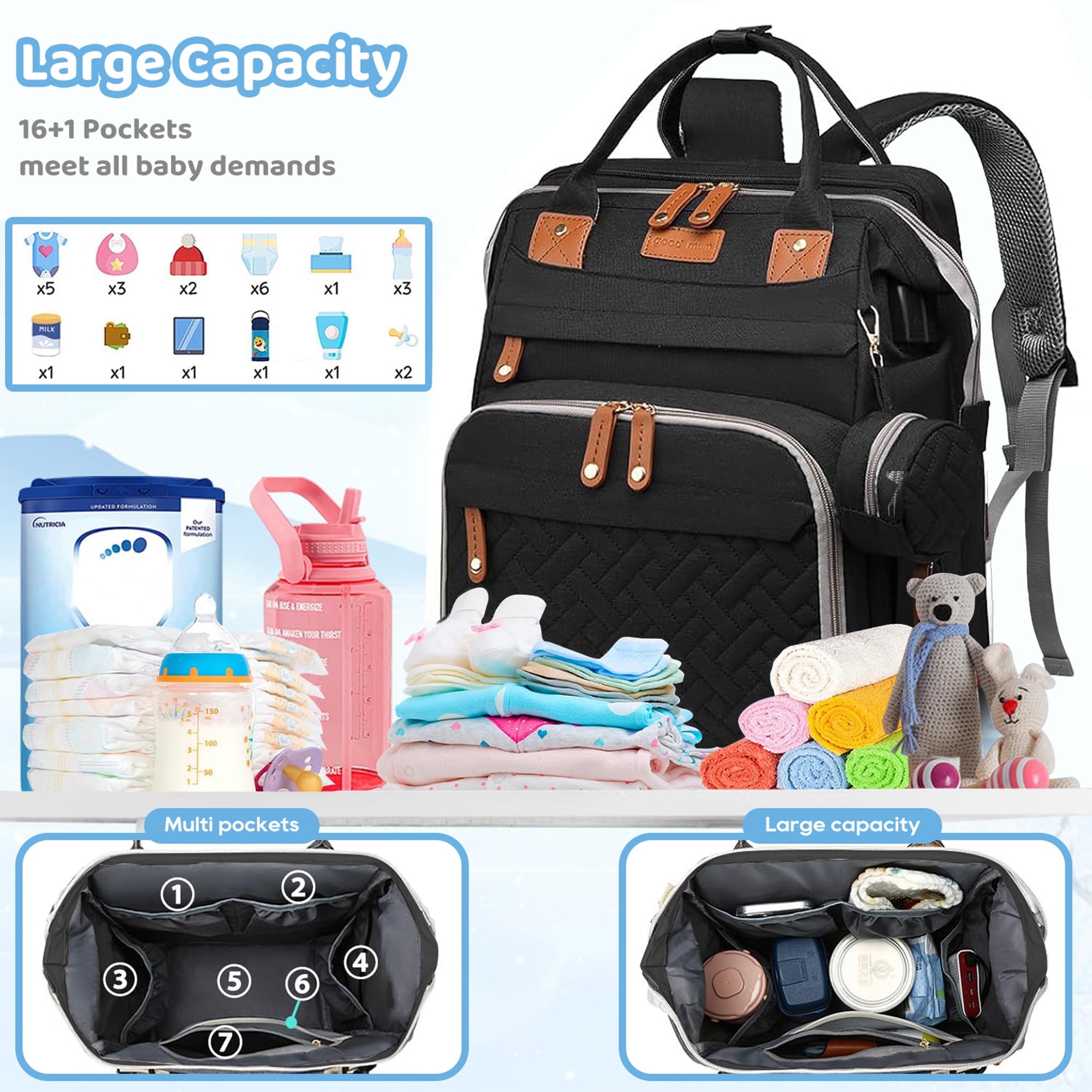 Anoak Baby Diaper Bag Backpack with Changing Station, Large Capacity Baby Bag, Waterproof Travel Backpack with USB Charging Port, Stroller Straps , Baby Shower Gifts