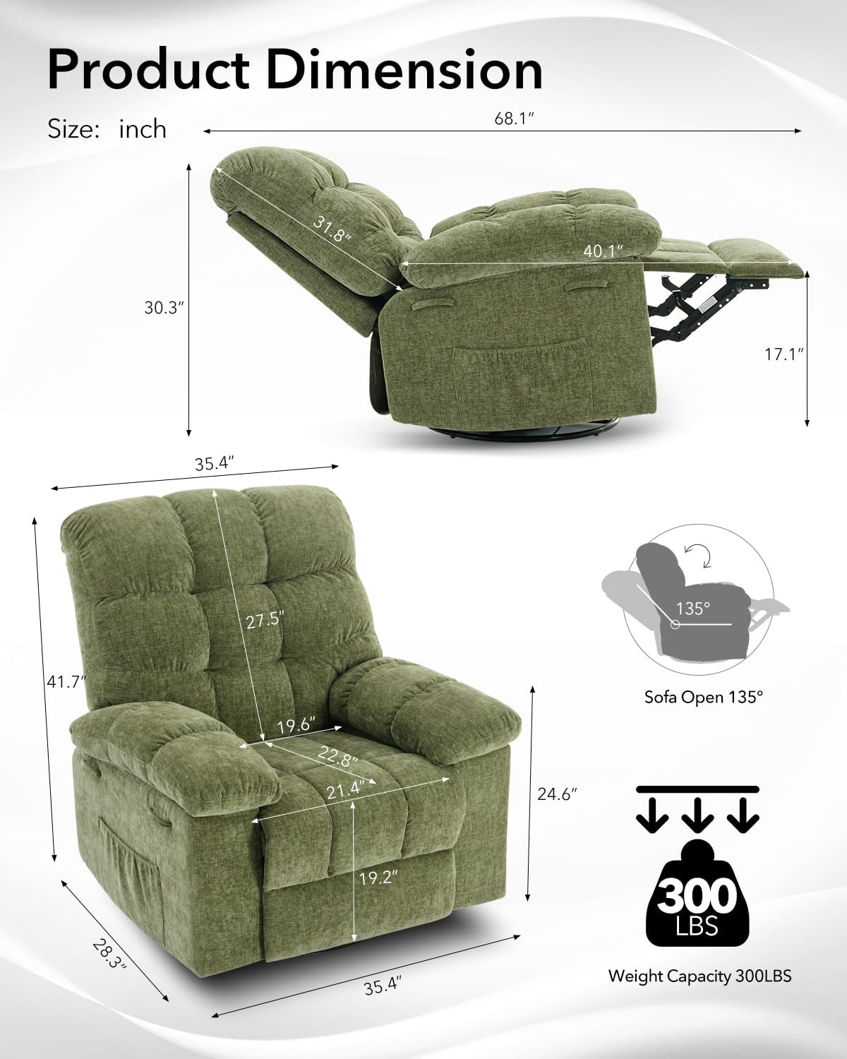 Swivel Rocking Recliner Chair, 360° Swivel 135° Tilt Glider Nursery Chair with Extra Large Footrest, Chenille Upholstery Q235 Steel Frame High Back Deep Seat for Living Room Bedroom Small Spaces