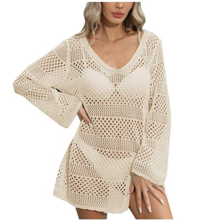 Crochet Cover Up for Women Swimsuit Summer Bathing Suit 2024 Swim Hollow Out Bikini Swimwear Mesh Knit Beach Dress Beige Free Size