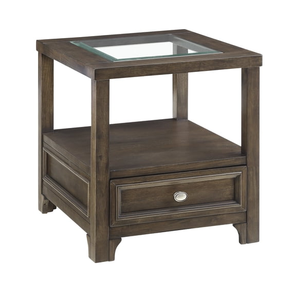 Berny End Table w Glass Top- Drawer- Shelf- Charcoal Brown 26 Inch