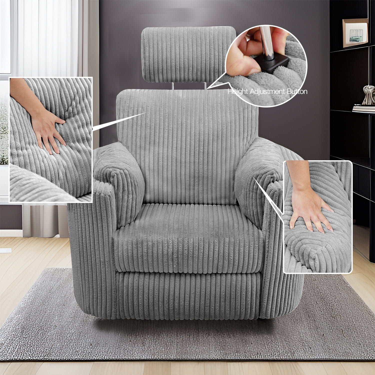 Cynefin Power Recliner Swivel Rocking Nursery Glider Rocker Chair with Headrest, USB and Type-c Port, Corduroy Electric Reclining Sofa Chair Arm Chair for Living Room