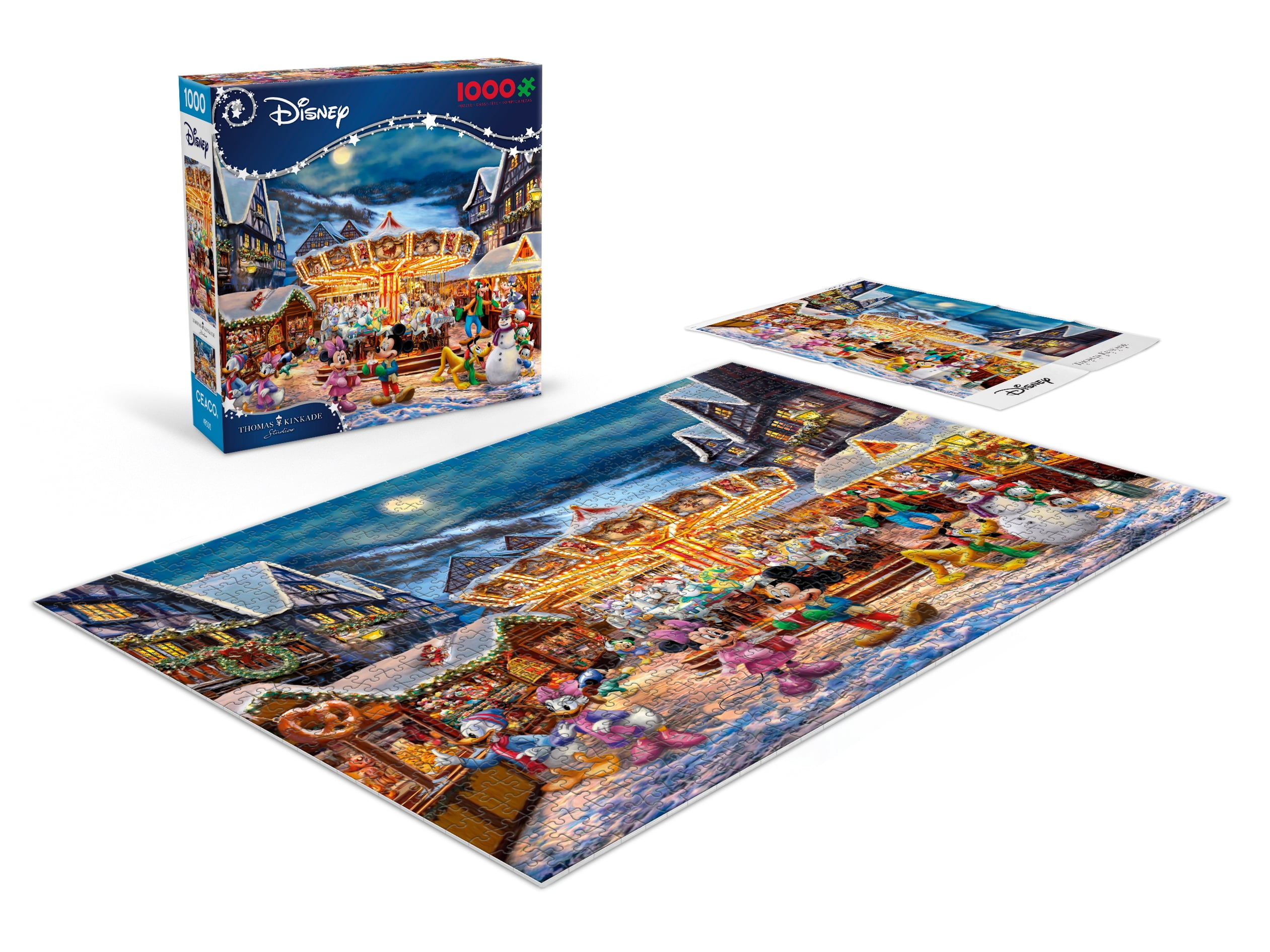 Ceaco Thomas Kinkade Disney Mickey and Minnie Christmas Market 1000-Piece Interlocking Jigsaw Puzzle for Adults Ages 14+
