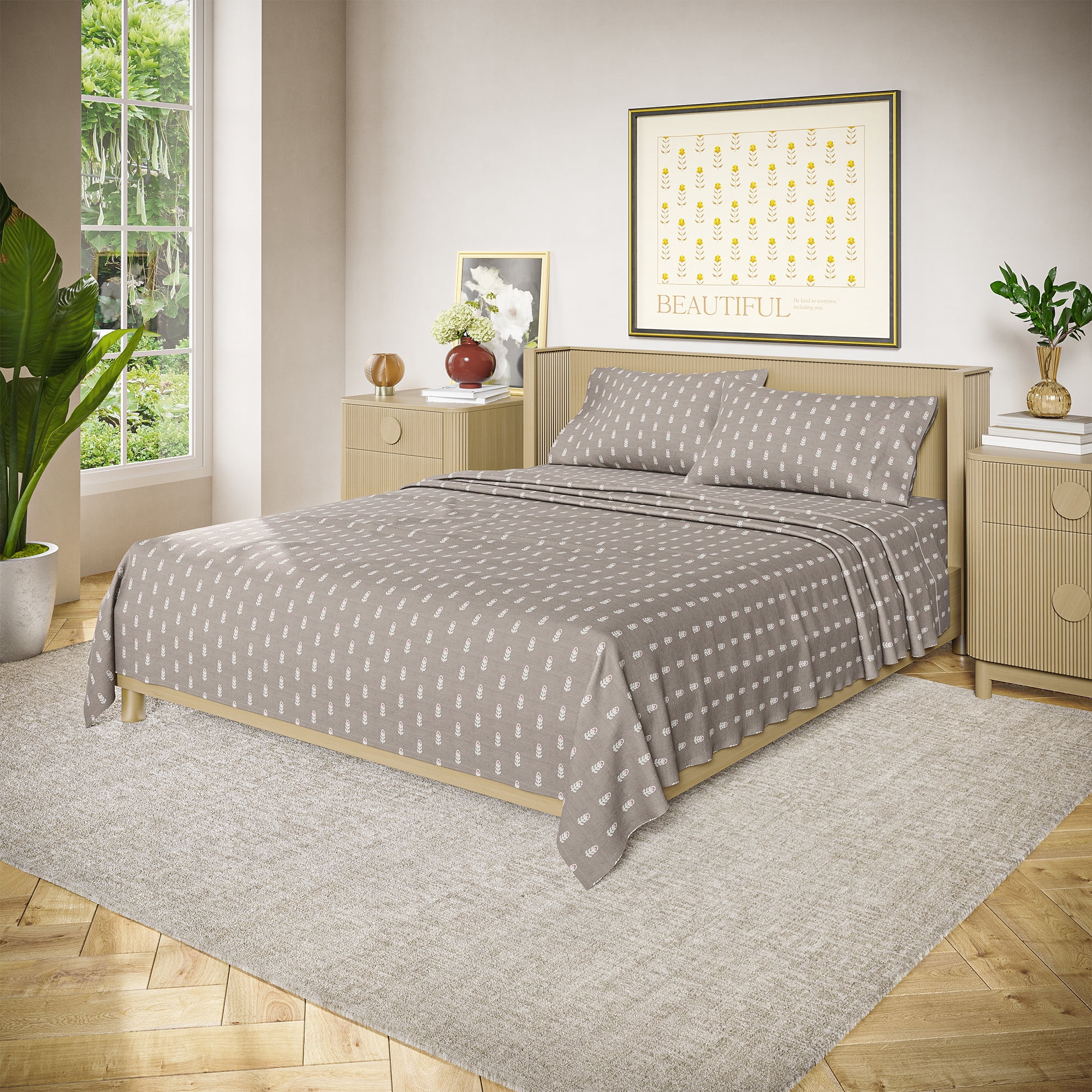 Beautiful Signature Floral 4-Piece Percale Fawn Sheet Set, King by Drew Barrymore, BEAUTIFUL BT 200 PERCALE BRN K