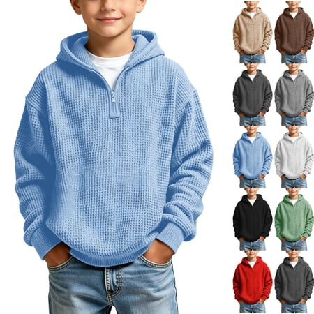Tsivenald Boys Oversized Hoodies Knit Fleece Pullover Sweatshirts Kids Fashion Casual Outfits Fall Winter Clothes(11-12 Yeas Light Blue)