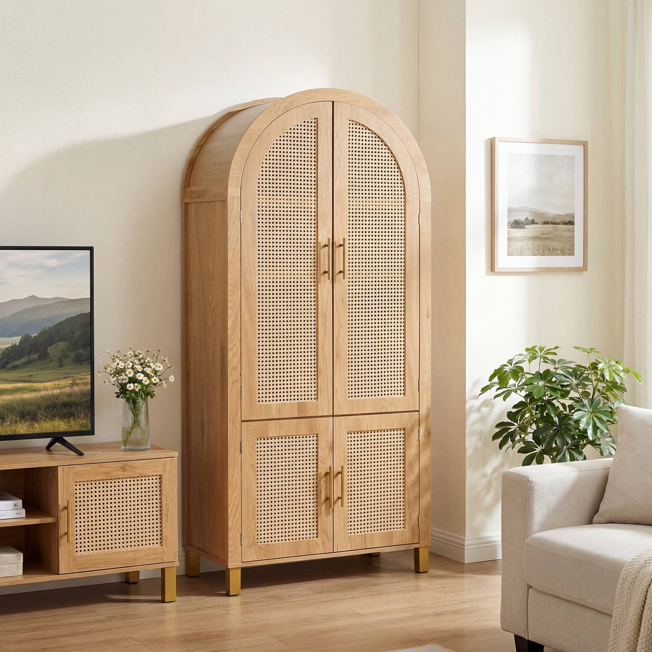 Noble House 71" Farmhouse Arched Storage Cabinet with Rattan Doors, Adjustable Shelves, Oak