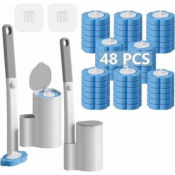 GMZW Bathroom Cleaning 2-Pack Toilet Brush Set - Disposable, Extended Handle 48 Ocean Fresh Refills (Blue Caddies/Hooks)