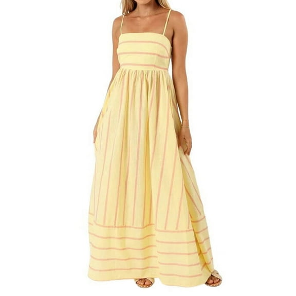 Women'S Striped Back Smocked Maxi Dress Spaghetti Strap Cut Out Flowy Swing Long Dress Yellow M