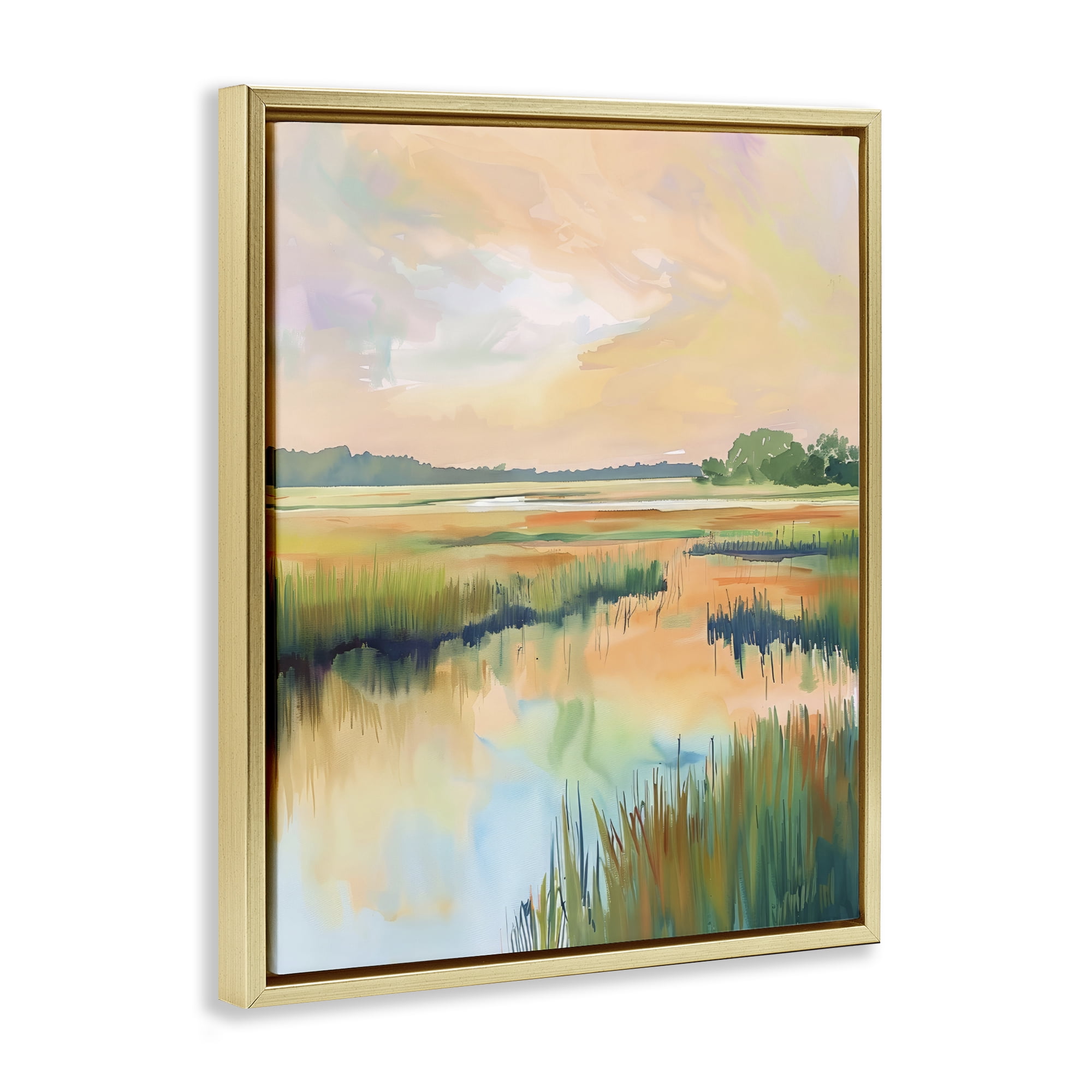 Stupell Industries Marsh Sunset over Tranquil Stream Gold Framed Floater Canvas Wall Art, design by LSR Design Studio
