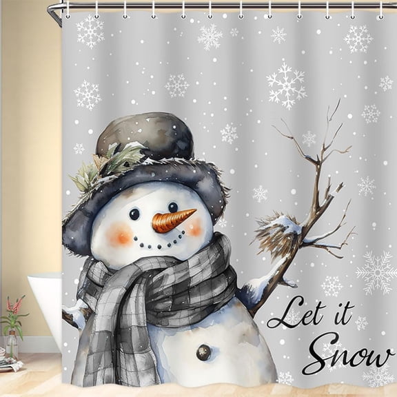 Grey Snowman Christmas Shower Curtain,Xmas White Snowflake Grey Plaid Snowman Scarf Polyester Shower Curtains,Waterproof Fabric Shower Curtain Set with Hooks, 72X72in