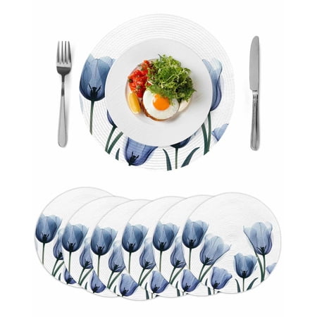 Blue Spring Floral Round 13 Inch Placemats Set of 6 Tulip Blooming Summer Botanical HeatResistant Non Slip Place Mats for Dining Table Wipeable Braided Kitchen Table Mats for Housewarming