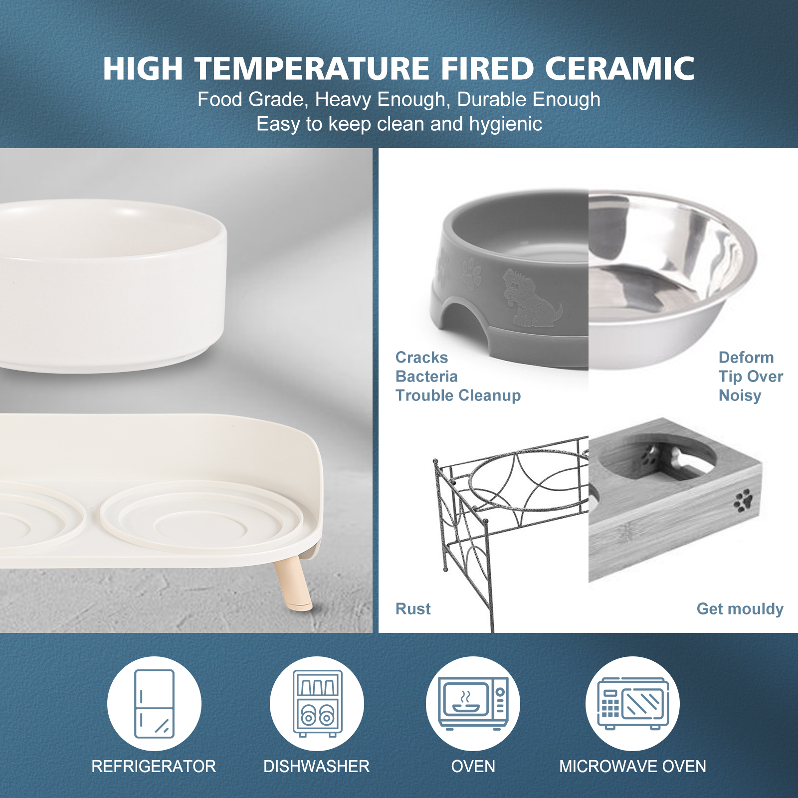 Elevated Dog Food Water Bowl - Raised Ceramic Dog Bowl Set with Non Slip Stand - Double Dog Feeding Bowls for Small to Medium Sized Dogs - 2 x 850 ml - 28.74 oz - White