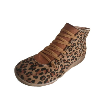 

jsaierl Women s Shoes Wedge Heel Ankle Boots Flat Side Zipper Round Toe Leopard Nude Lacing Boots
