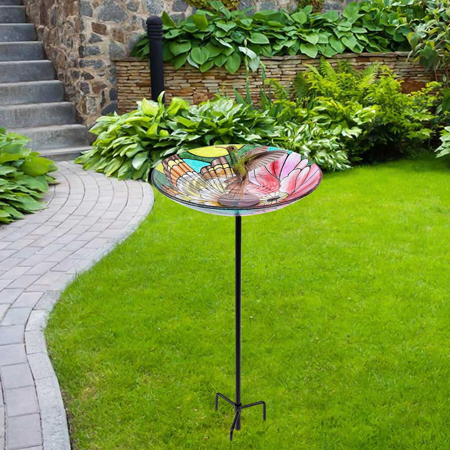 MUMTOP Glass Bird Bath with Metal Stake, Garden and Patio Decor and Butterfly & Flower Feeders