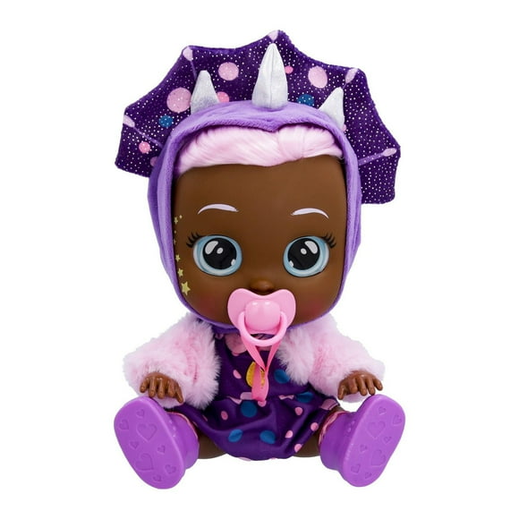 Cry Babies Dressy Fantasy Phoebe - Poupée de 12 po - Robe violette à pois avec une veste en peluche rose et un chandail à capuche sur le thème des dinosaures