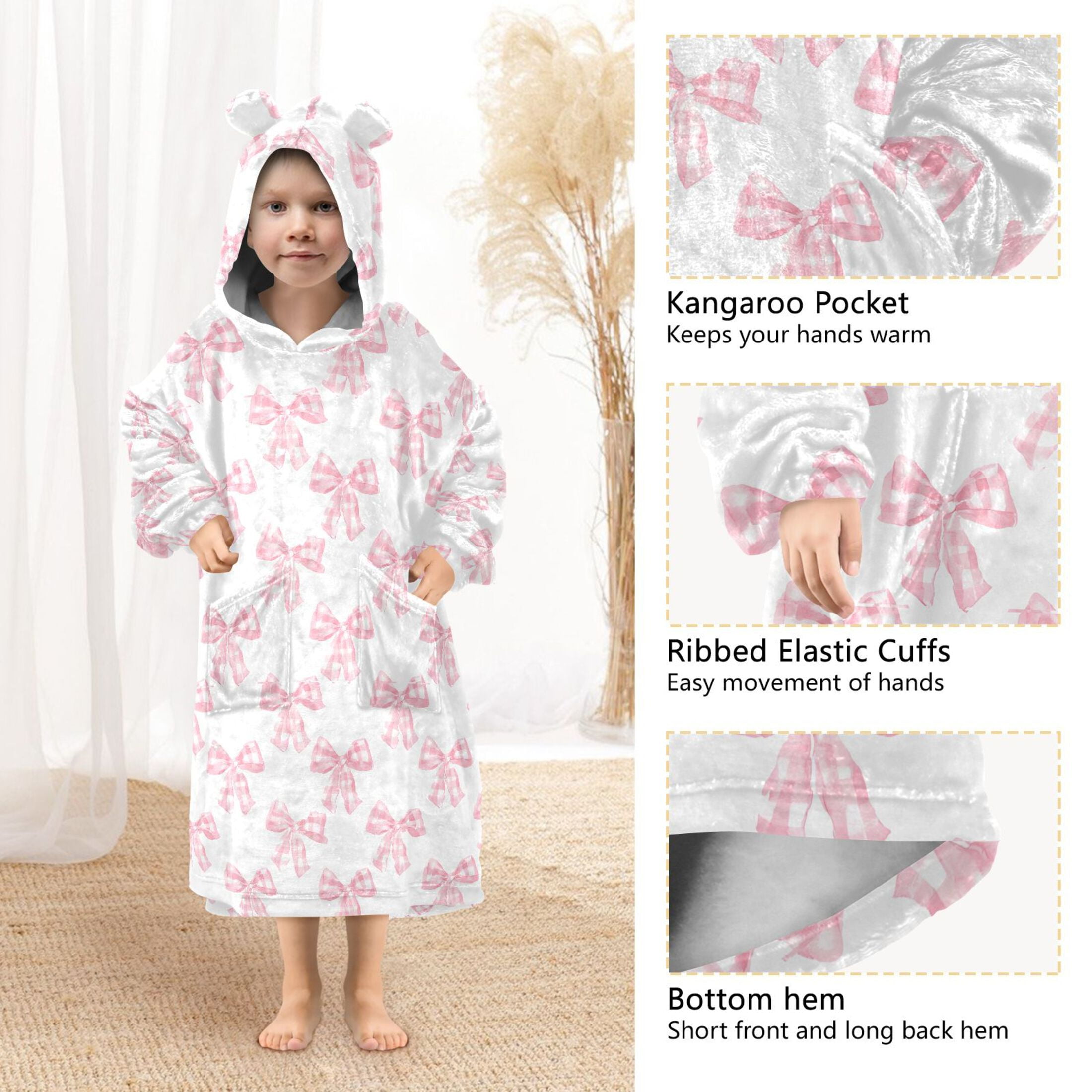 Wearable Blanket Hoodie for Kids Bows Checkered Flannel Hooded Blanket with Pockets and Sleeves Suitable for Boys and Girls