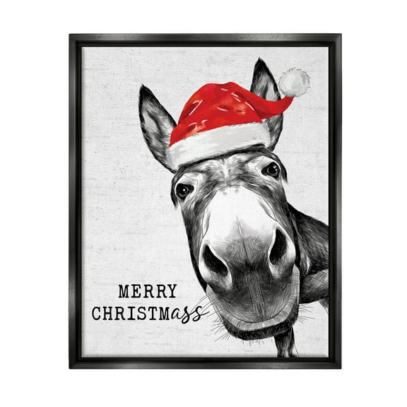 Stupell Industries Merry Christmass Funny Donkey Graphic Art Jet Black Floating Framed Canvas Print Wall Art, Design by Lettered and Lined
