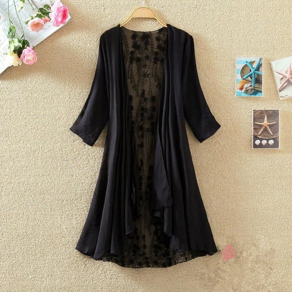Only Moment Women Cardigan Lace Light Coat Womens Seven-button sleeves Crochet Sheer Beach Cover Ups Long Kimono Black,L