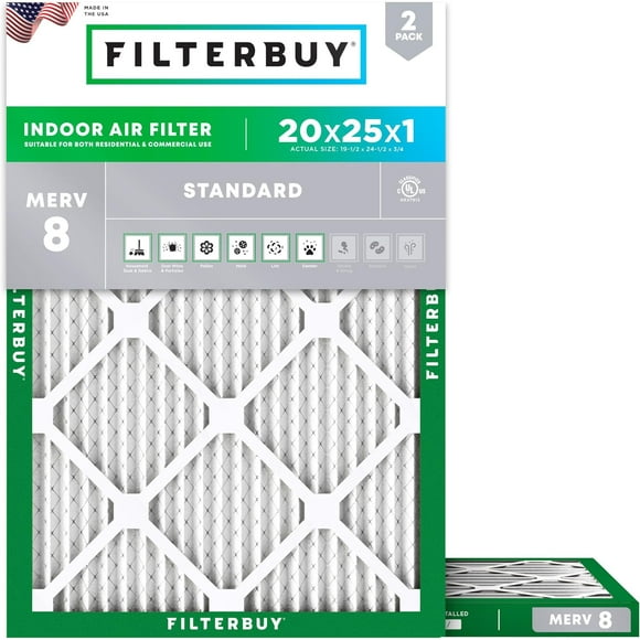 Filterbuy 20x25x1 MERV 8 (MPR 600) Dust Defense, Pleated HVAC AC Furnace Air Filters (2-Pack)