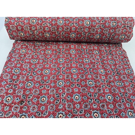 Hand Block Print Kantha Quilt: Floral Indian Cotton Bedding