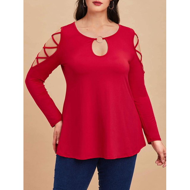 Top de Talla Extra con Hombros Al Aire con Anillo de Ojo de Cerradura Rosegal Mangas largas de talla grande