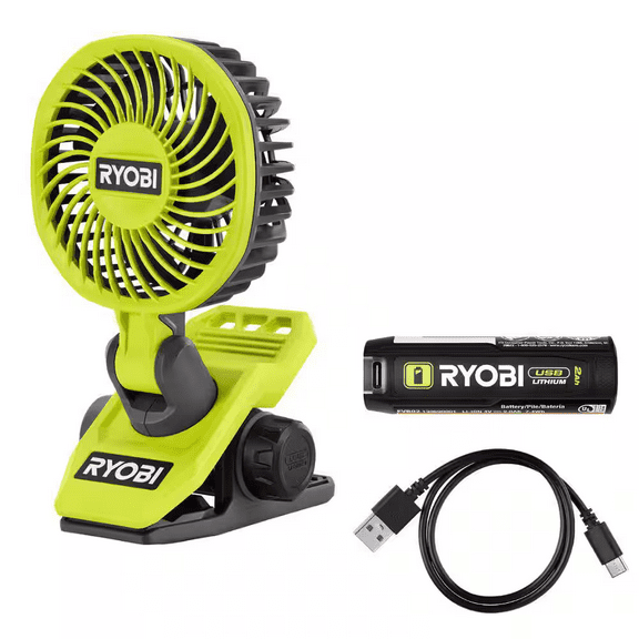 Ryobi USB Lithium Clamp Fan Kit w/ 2.0 Ah USB-C Lithium Battery, Charging Cable