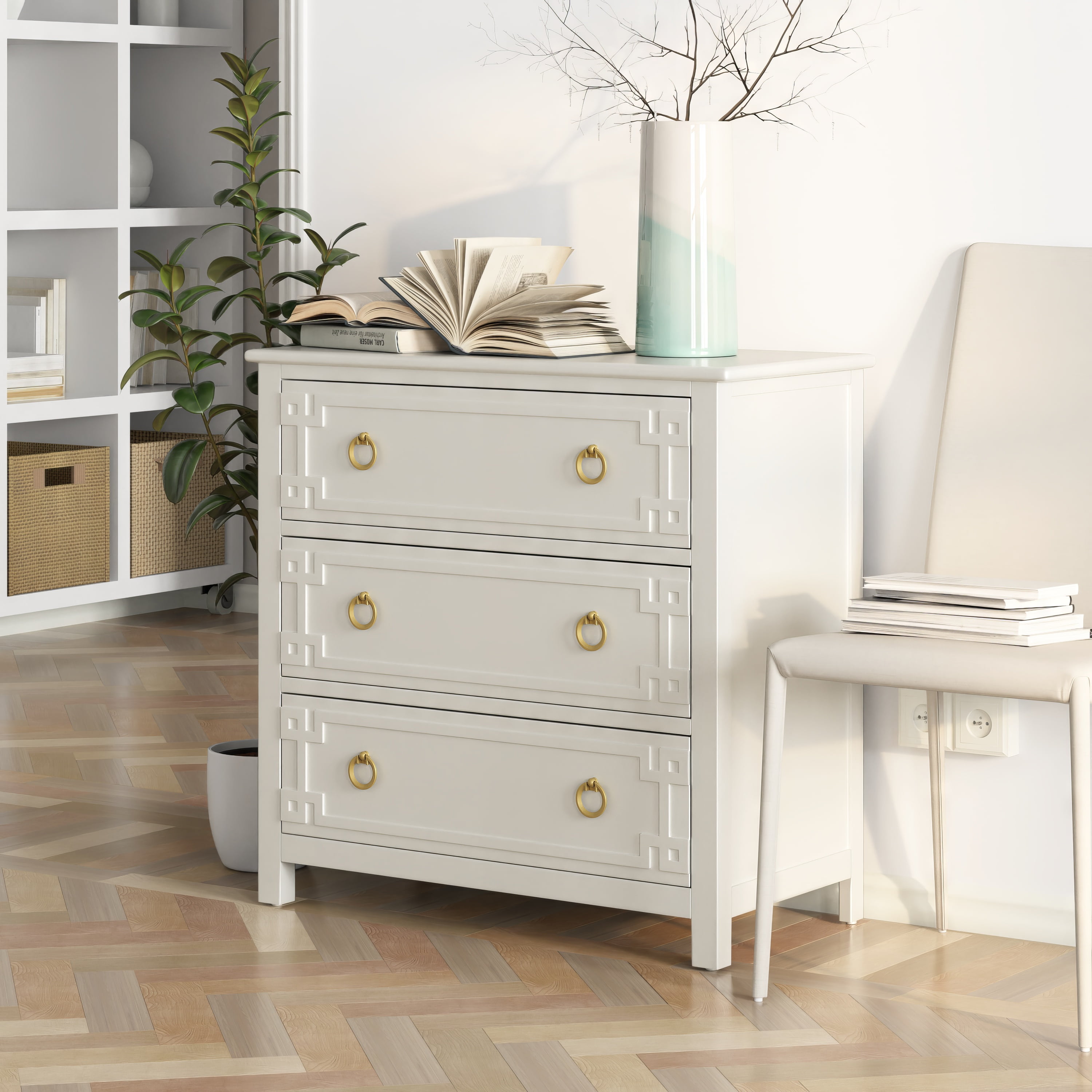 COZAYH Farmhouse 3-Drawer Dresser, Rustic Chest of Drawers with Embossed Geometric Lines, French Country Dresser for Bedroom, Living Room