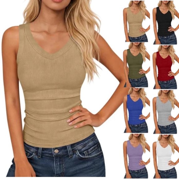Women’s Ribbed Tank Top Sleeveless V Neck Fitted Basic Top Soft Stretch Casual Slim Fit Solid Color Summer Layering Shirt for Daily Wear Gym Workout,Khaki XL