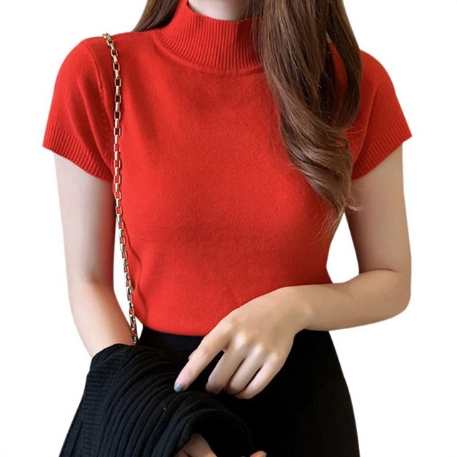 Chemises Demi-Col Roulé à Manches Courtes pour Femmes Tops Tricotés Tops Chemises Slim