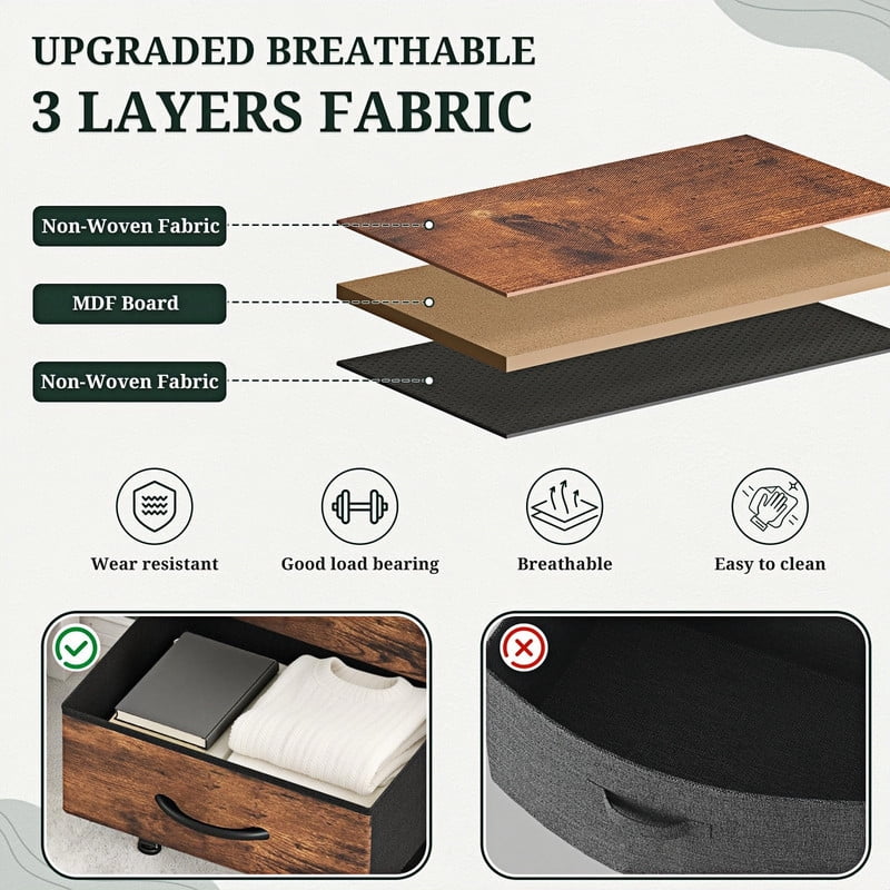 Kelno Nightstand with 2 Fabric Drawers Charging Station USB TypeC Outlets Small Bedside Table with Wood Top Open Storage Shelf, Black Brown