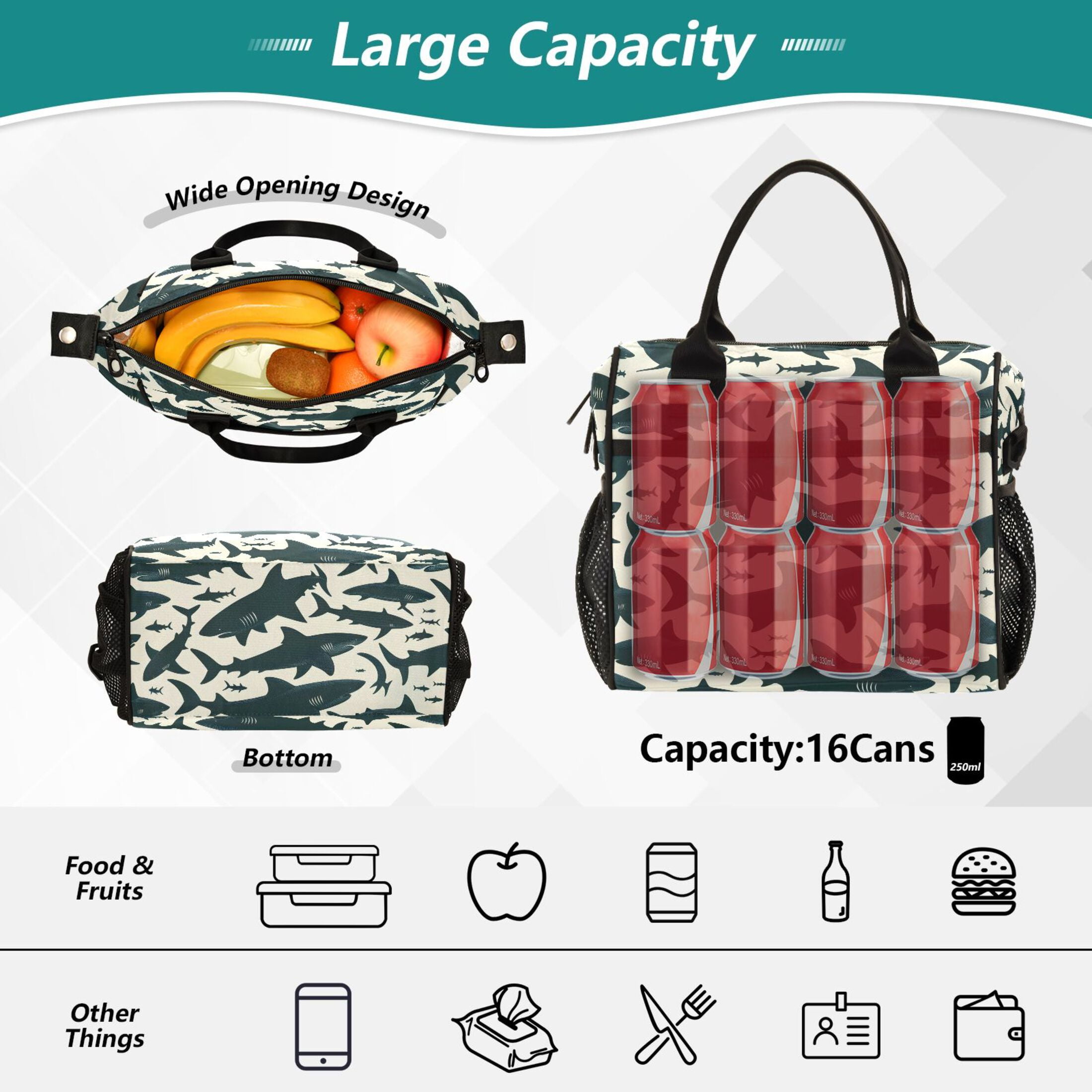 Shark Silhouette Lunch Bag Insulated Lunch Box Leakproof Reusable Cooler Tote Adjustable Shoulder Strap for Men Women 12L