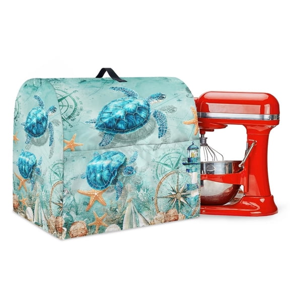 TSOVTHRID Sea Turtle Compass Pattern Kitchen Mixer Cover Stand Mixer Dust Cover Starfish Lighthouse Print Foldable Kitchen Appliance Cover with Pocket for Various Kitchen Appliance Accessories,S