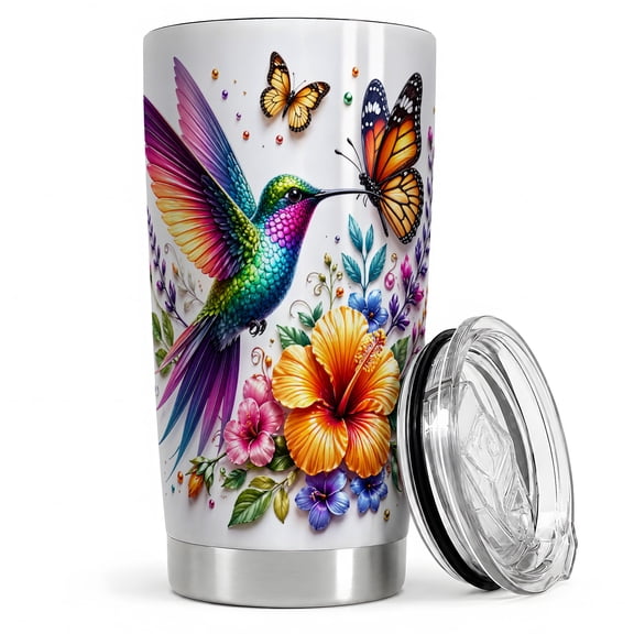 Butterfly Hummingbird 20oz Tumbler, Butterfly Hummingbird Tumbler, Daily Coffee Cup for Travel, Tropical Flower Scene with Orange Hibiscus, Rainbow Wings, Garden Bird Decor for Women