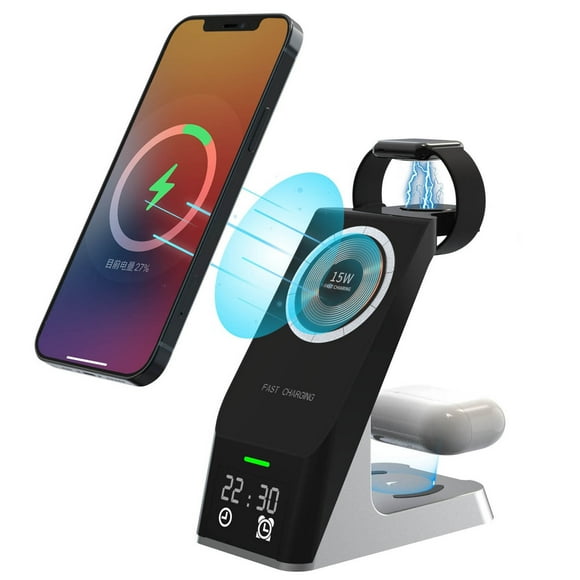 Wireless Charging Station, Usb Charging Station, 6 in 1 Wireless Charger,15W Fast Charging Station with Clock and Alarm Clock, Phone, Watch, Headphone, Digital Alarm Clock, Phone Charging Station