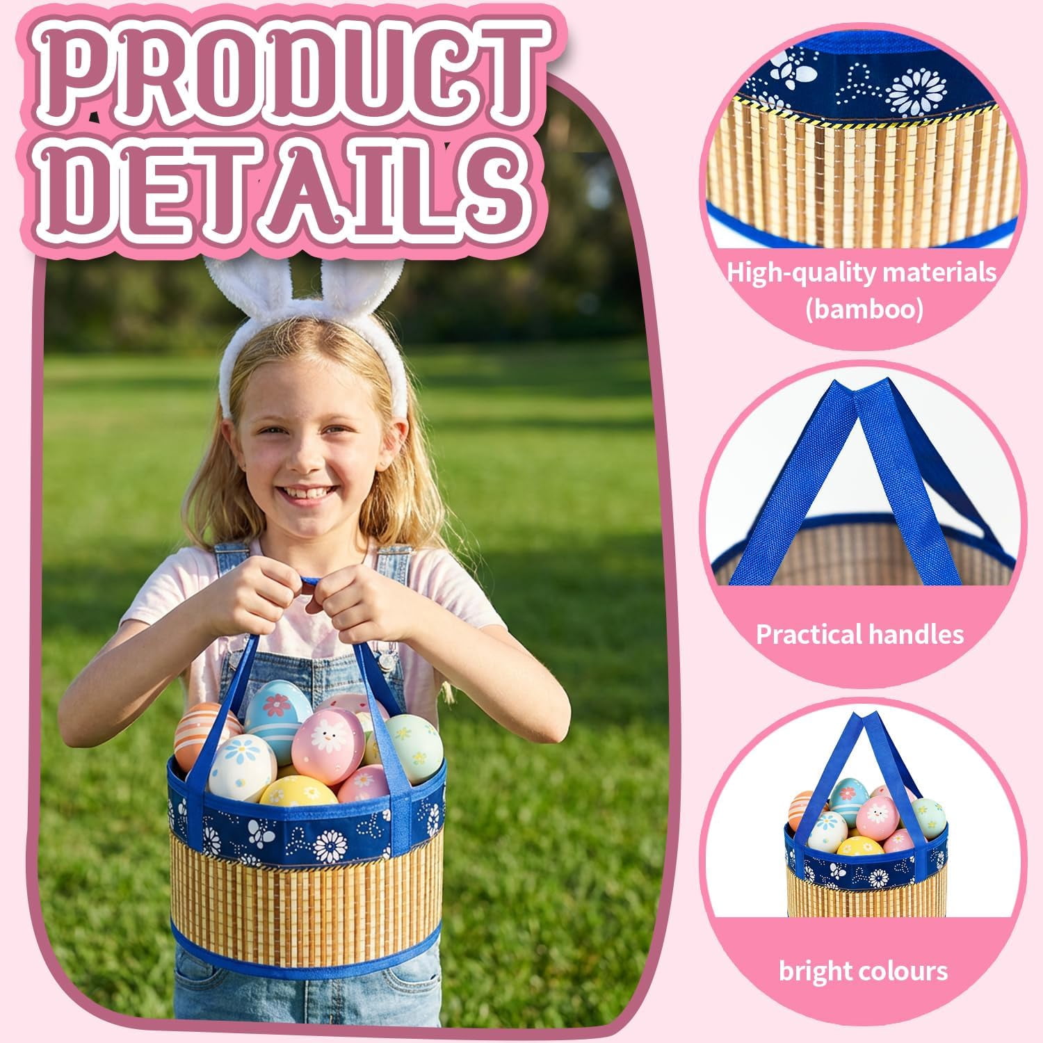 4 Pcs Easter Basket Bulk Set with Handle, Foldable Woven Bamboo Baskets Empty, Large Easter Baskets for Easter Egg Hunt Party Favor for Picnic, Gift Packing