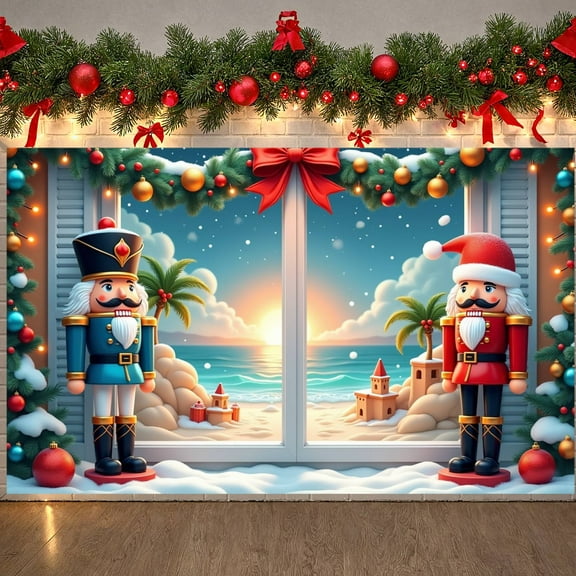 Nutcracker Soldiers Christmas Banner Palm Trees Beach Christmas Backdrop Snow Flakes Festive Lights Winter Holiday Background for Christmas Party Home Decoration Photo Prop