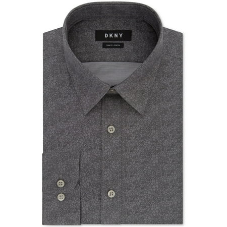 DKNY Mens Performance Button Up Dress Shirt, Grey, 18