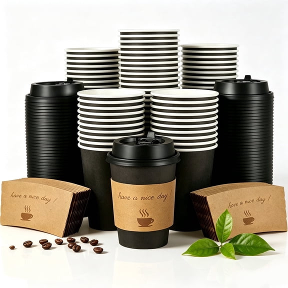 Lamosi Disposable Paper Cups with Lids 12 oz, To Go Hot Cups, Sleeve, Black 100 Count Insulated