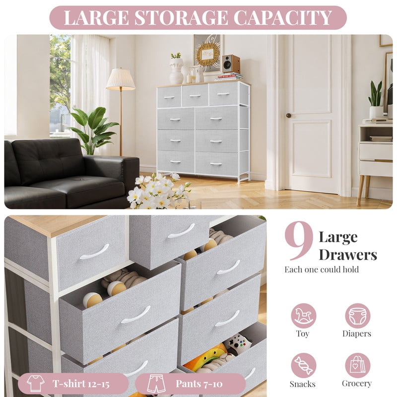 9 Drawers Dresser, Storage Dresser Organizer with Drawers, Chest of Drawers, Dresser with Metal Frame and Wood Tabletop for Bedroom, Guest Room, Closet, Entryway, Nursery, Light Gray