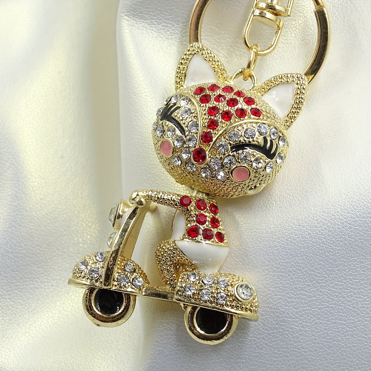 1 piece cute fox scooter keychain shiny rhinestone animal alloy key chain ring bag backpack hanging decoration car key pendant ladies girl gift